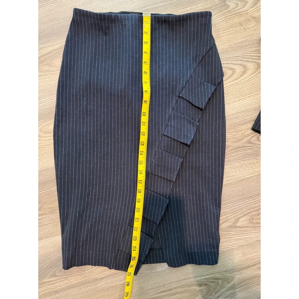 Express Womens Navy Pinstripe Skirt Suit Set Blazer XS Skirt Small Ruffle Trim